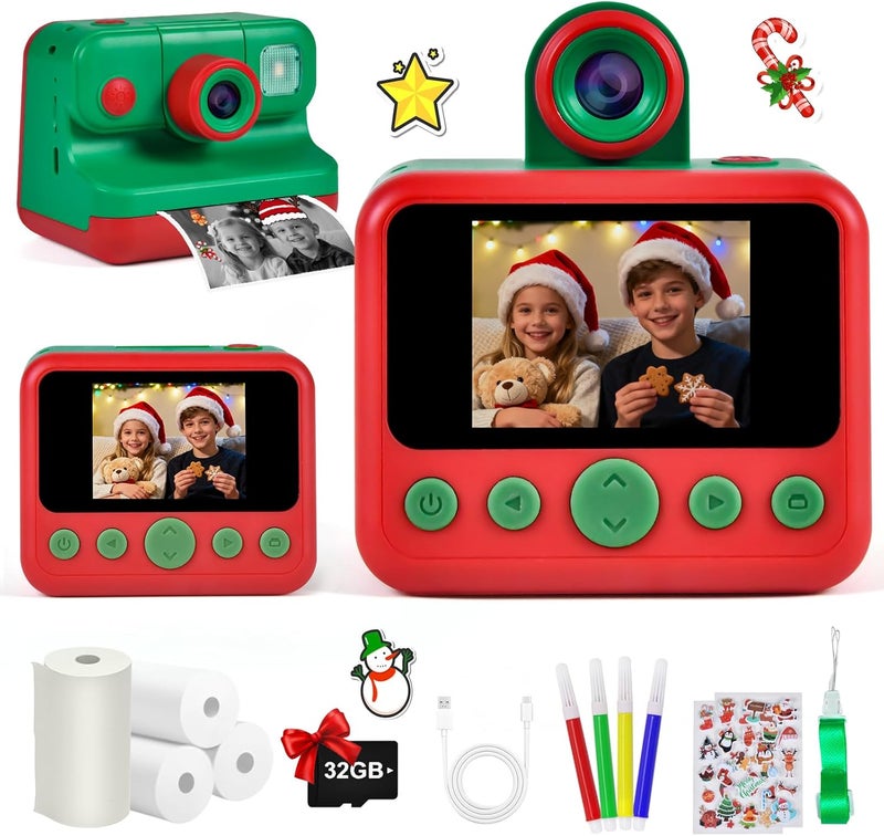 Elecoutek Kids Instant Print Camera with Carrying Bag, 1080P HD Girl Camera with 4 Print Paper Rolls, Color Pens & 32GB Card, Christmas Birthday Gifts Kids Girl Toys for 3-12 Years Old (Pink) - Image 1
